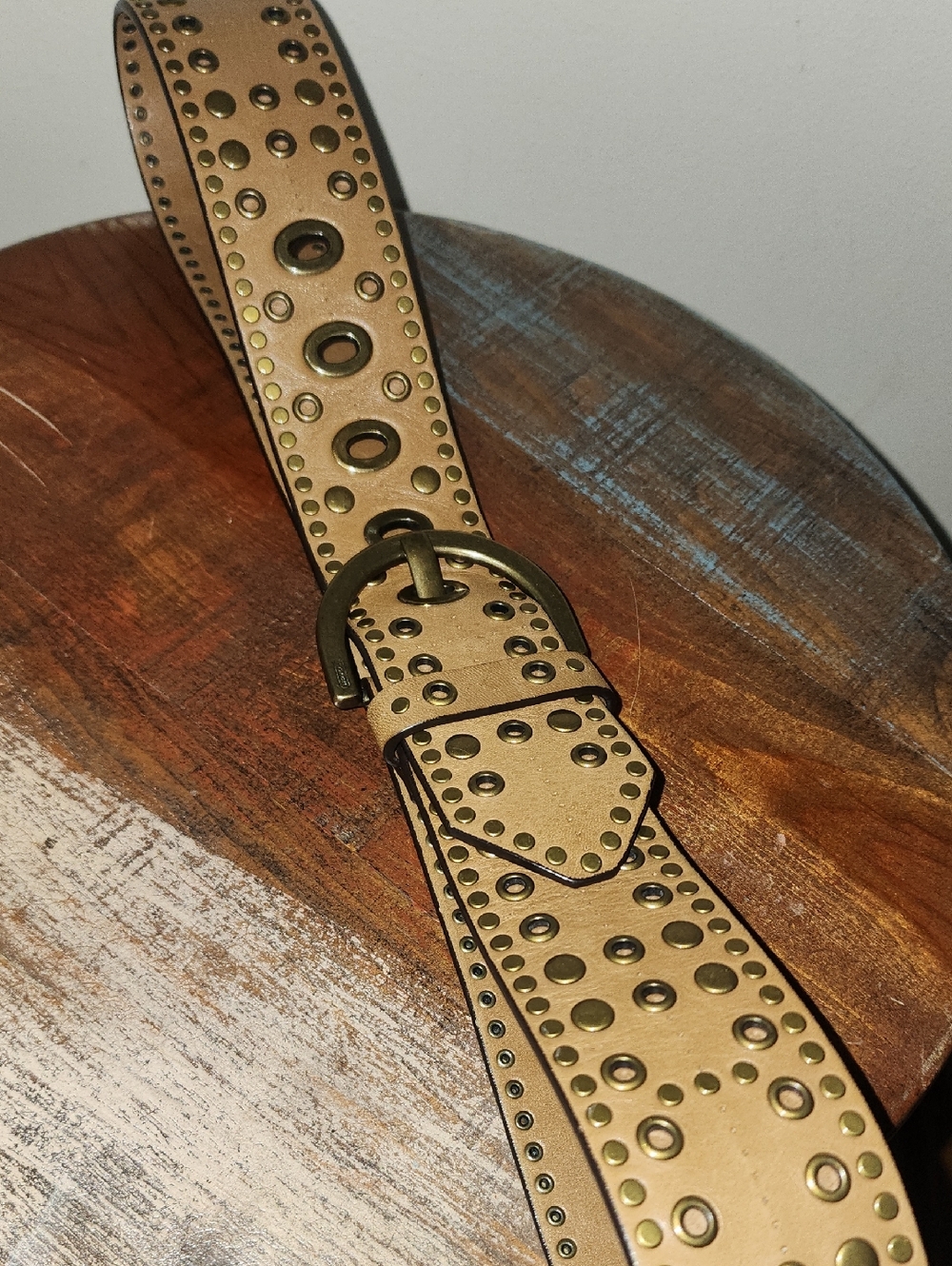 COACH Vintage Studded Tan Leather 2" Belt Antique Solid Brass Buckle Women Small - Picture 10 of 16